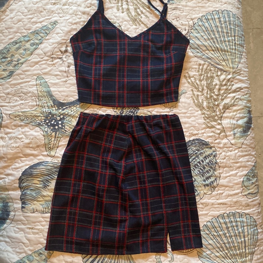 Matching Plaid Crop Top & Skirt.